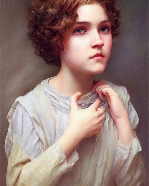 Image similar to a girl, face expressing a disbelief, oil on canvas, artstation, by j. c. leyendecker and edmund blair leighton and charlie bowater, beautiful face, octane, very aesthetic!!!!!!!!!!!!!!! stunning gorgeous big eyes