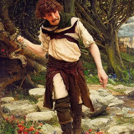 Image similar to a stumbling and falling medieval man as a oilpainting by Sophie anderson