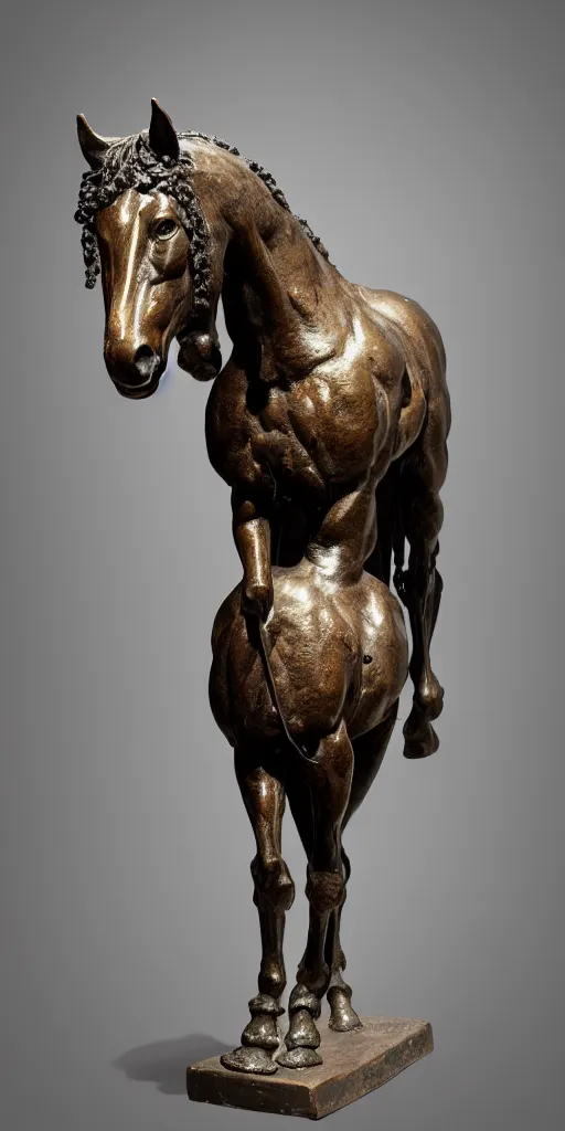 Image similar to detailed photo of an old bronze patina statue of a horse, full body portrait, various pose, photorealism, intricate detail, museum diffuse lighting