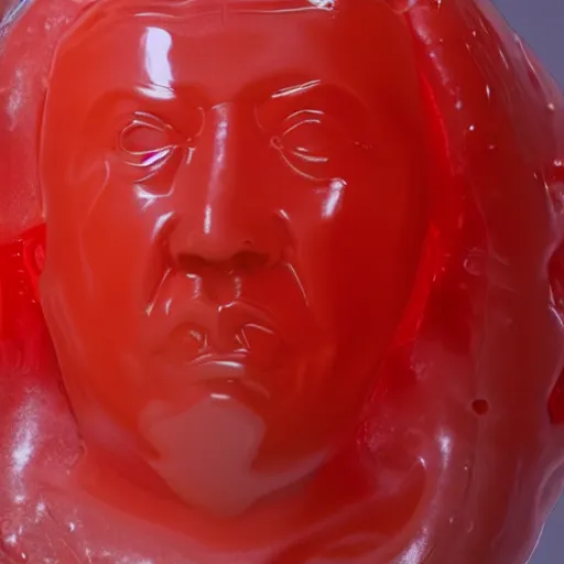 Image similar to a sculpture made out of juicy and transparent red jelly in the sea of a giant benjamin netanyahu head, long shot, hyper detailed, hyper realistic, ray tracing, 8 k resolution, sharp focus, realistic water, award winning