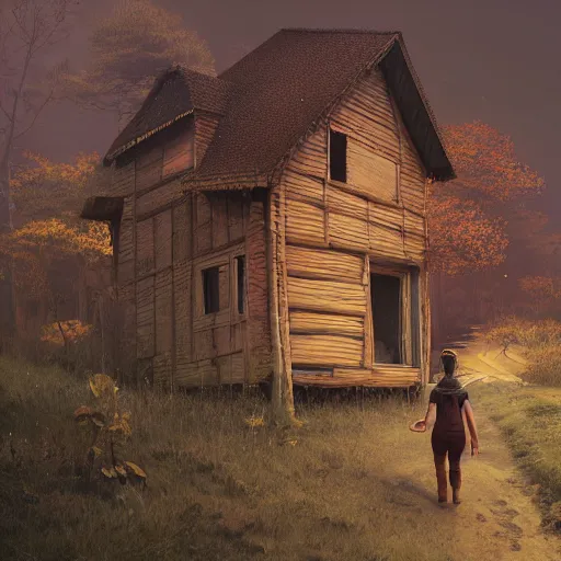 Image similar to woman leaving her wooden broken house by simon stålenhag, very highly detailed, award winning, rendered by Beeple, by Makoto Shinkai, syd meade, starwars, space art concept, digital art, unreal engine, blender, WLOP, trending on artstation, 4K UHD image, octane render