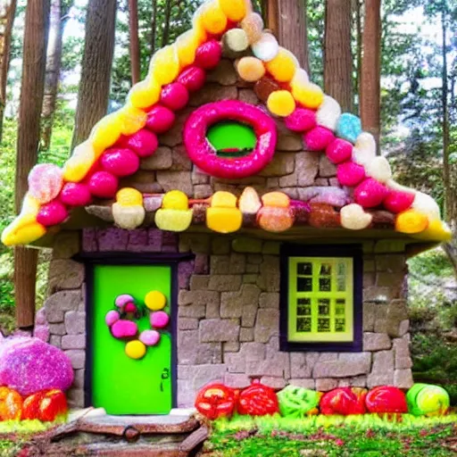 Prompt: a house made of candy in a beautiful forest