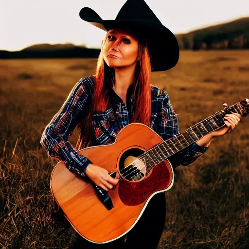 Image similar to a female fox animal, wearing cowboy hat, wearing plaid shirt, playing guitar, inside a barn, album cover style