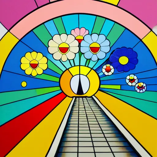 Prompt: man walking across bridge, bright colors, Takashi Murakami, Minimalist,