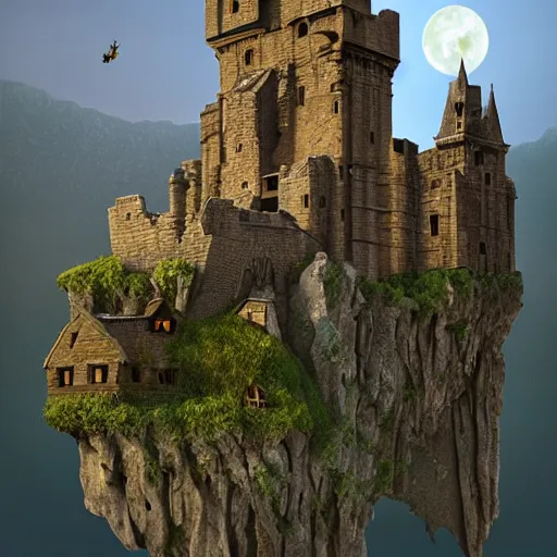 Prompt: a photorealistic painting of an old stone Castle in the sky, Zbrush, a detailed painting by Ansel Adams, vampire bats, lake, Luminescent, Bismuth, Daz 3D, behance contest winner, fantasy art, matte painting, matte drawing, storybook illustration
