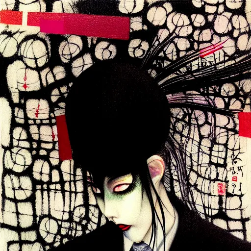 Image similar to yoshitaka amano blurred and dreamy realistic three quarter angle portrait of a young woman with black lipstick and black eyes wearing dress suit with tie, junji ito abstract patterns in the background, satoshi kon anime, noisy film grain effect, highly detailed, renaissance oil painting, weird portrait angle, blurred lost edges