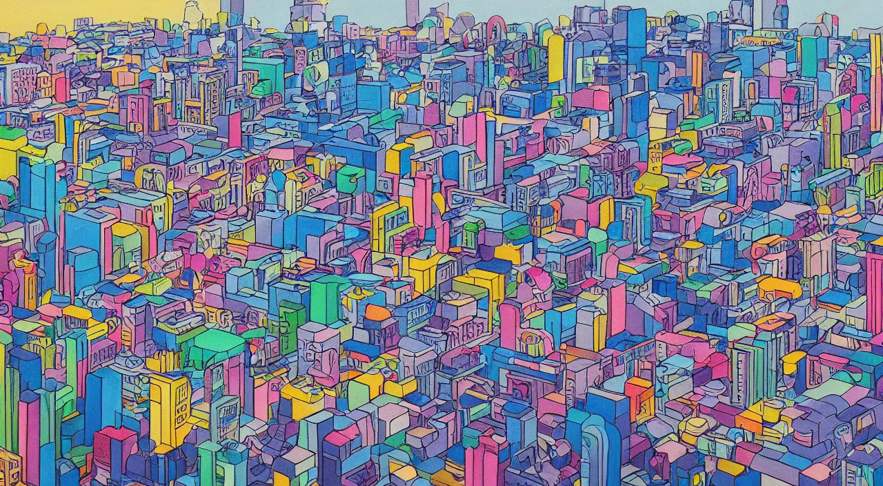 Prompt: A beautiful painting of a imaginary cityscape drawn by Kaws,