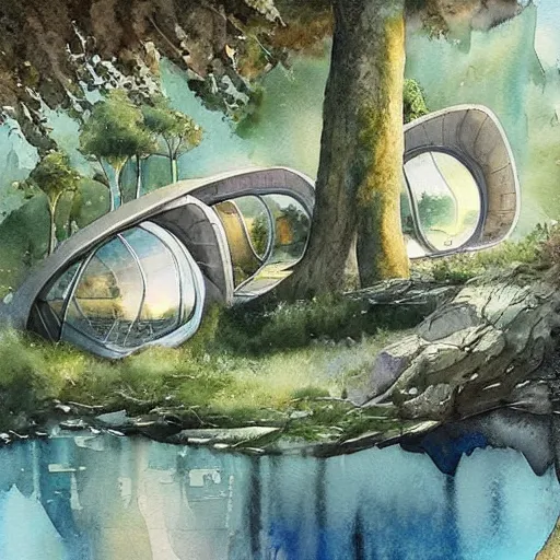 Image similar to beautiful happy picturesque charming sci - fi organic pod - like homes of the future in a beautiful natural scene. water, trees and rocks. beautiful light. soft colour scheme. beautiful artistic detailed watercolor by lurid. ( 2 0 2 2 )