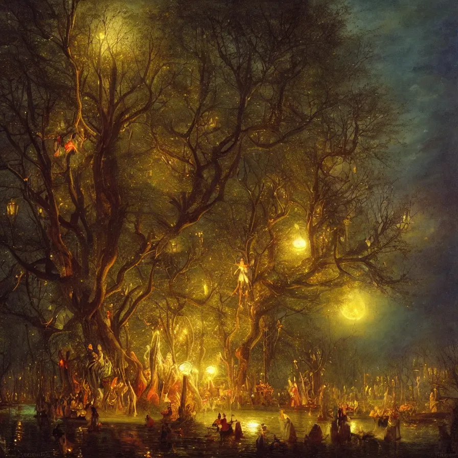 Image similar to a night carnival fairies around a magical tree cavity, with a surreal orange moonlight and fireworks in the background, next to a lake with iridiscent water, christmas lights, volumetric lightning, creatures and fantastic people disguised as fantastic creatures in a magical forest by summer night, masterpieceunderwater scene, masterpiece painted by andreas achenbach, scene by night