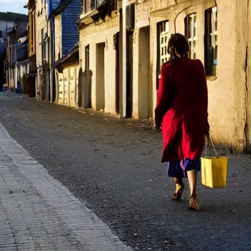 Image similar to a mother coming back from shop a huge bag of gold she is walking home in a street the street is empty and it's sunny