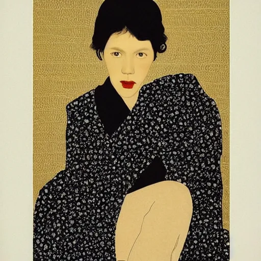 Prompt: “ maggie gyllenhaal portrait by ikenaga yasunari and ayana otake and ko rakusui, 6 0 s poster, drawing, realistic, sharp focus, japanese, dreamy, nostalgia, faded, golden hues, floral clothes, porcelain skin ”