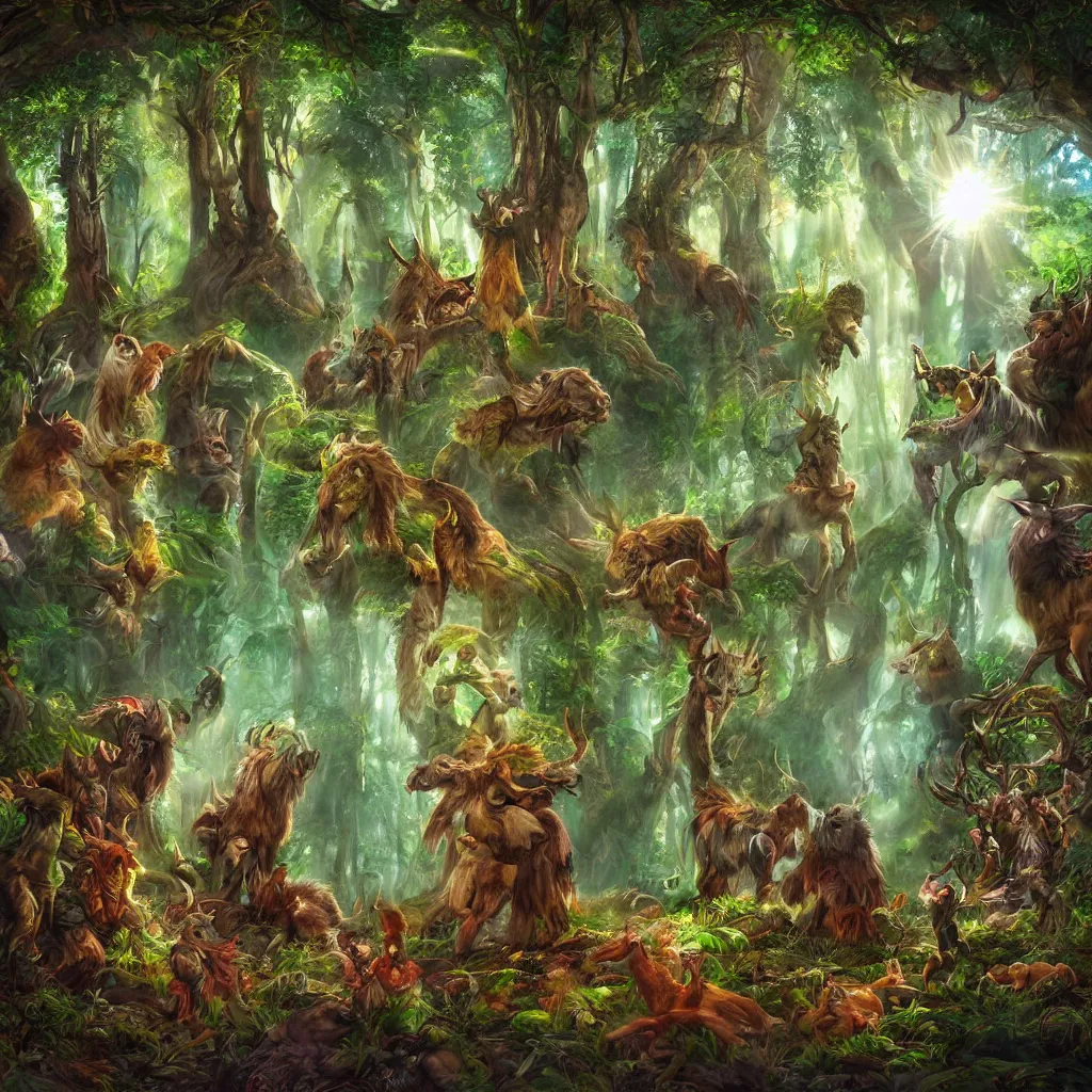 Prompt: circle of wilderness druids in an enchanted forest vibrant with colours, high fantasy, epic, realistic, detailed, smooth, clean, vibrant, sunrays, high resolution