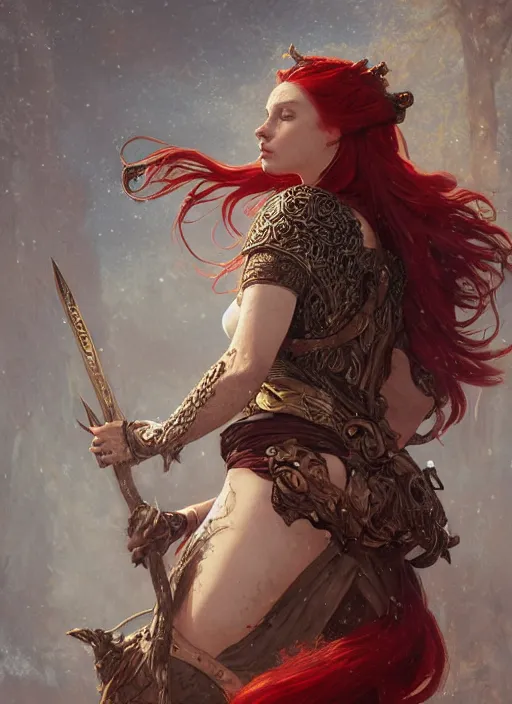 Prompt: A gorgeous Norse Goddess dressed in barbaric fashion with red hair, fantasy, intricate, elegant, highly detailed, D&D, digital painting, artstation, concept art, matte painting, sharp focus, illustration, in the style of Greg Rutkowski and Alphonse Mucha and artemisia gentileschi