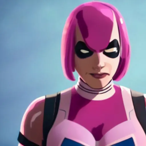 Prompt: A still of Gwenpool in Deadpool 3 (2023), blonde hair with pink highlights, no mask, looking directly at the camera