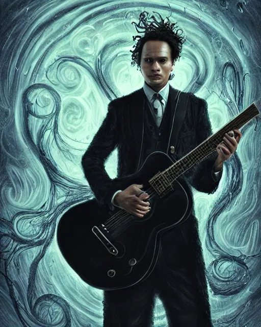 Prompt: a highly detailed portrait of Frank Dillane holding a guitar radiating a powerful energy aura, ornate black tuxedo, wispy tendrils of smoke, intricate, digital painting, old english, raining, sepia, particles floating, whimsical background by marc simonetti, artwork by liam wong