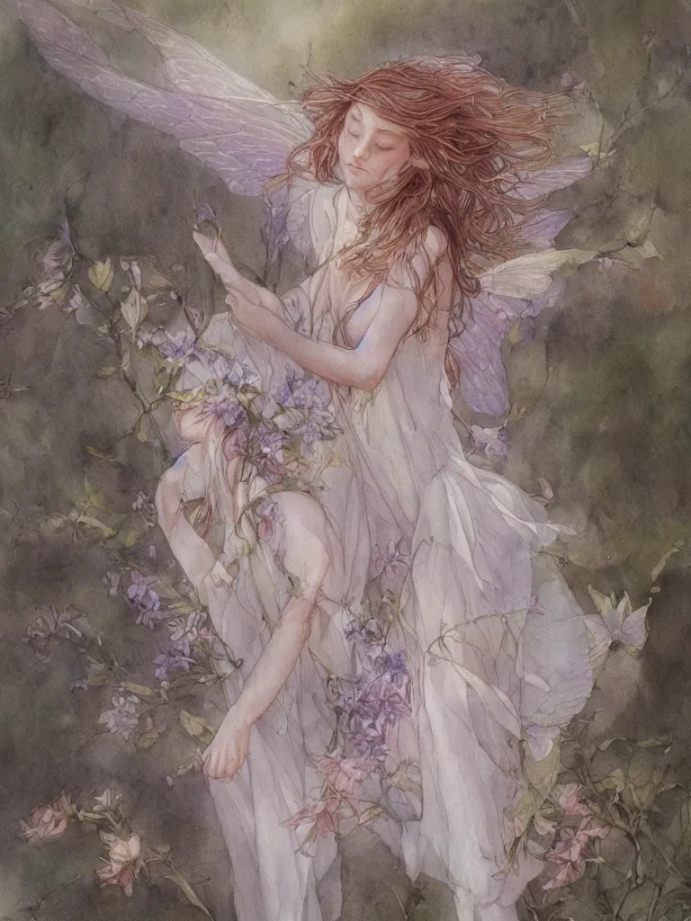 Image similar to study of a flower fairy, illustration, watercolor, alan lee, detailed, pretty, ethereal, realistic, artstation