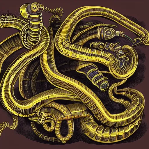 Image similar to a steampunk robotic snake, super - detailed, dark background,