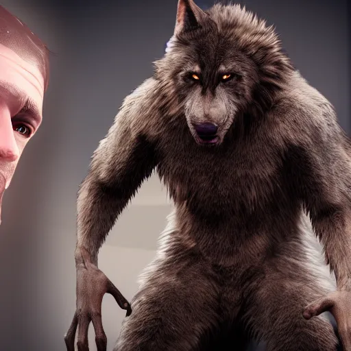 Image similar to man transforming into a werewolf, full body, hyper realistic, 8 k, unreal engine, realistic brown fur