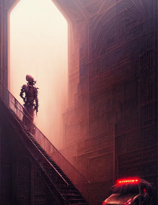 Image similar to detailed portrait, intricate complexity, by greg rutkowski, ross tran, conrad roset, takato yomamoto, ilya kuvshinov huge gothic crematorium on desert planet, elevator, side ramp entrance ambulance dead bodies, guards intricate, painting by lucian freud and mark brooks, bruce pennington, dark colors, neon, death, guards, nice style smoke