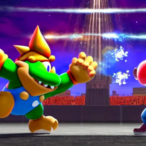 Image similar to juan luis guerra fighting bowser in super smash brothers ultimate