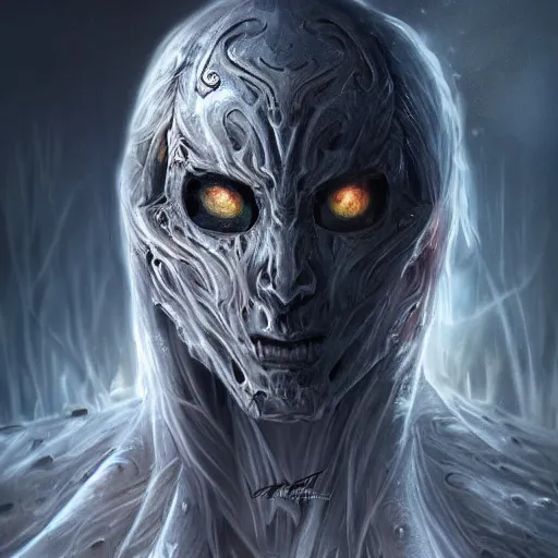 Image similar to a haunting ghast warrior, photo, professionally retouched, dramatic lighting, wearing bone armor, illuminated by moonlight, realistic, scared face, demonic, predator eyes, wide angle, sharp focus on eyes, 8 k high definition, insanely detailed, intricate, elegant, art by artgerm and wlop