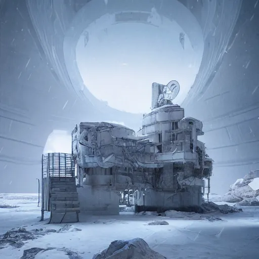 Image similar to an abandoned outpost in a snow storm on the moon europa, intricate artwork by tooth wu and wlop and beeple, octane render, hyper realism, 8 k