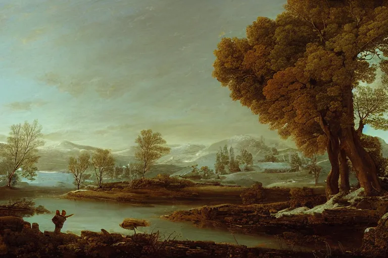 Prompt: beautiful landscape with winter river and oak trees, mythology, fantasy, landscape background, vivid colors, digital painting, very detailed, realistic, high quality, by claude lorrain