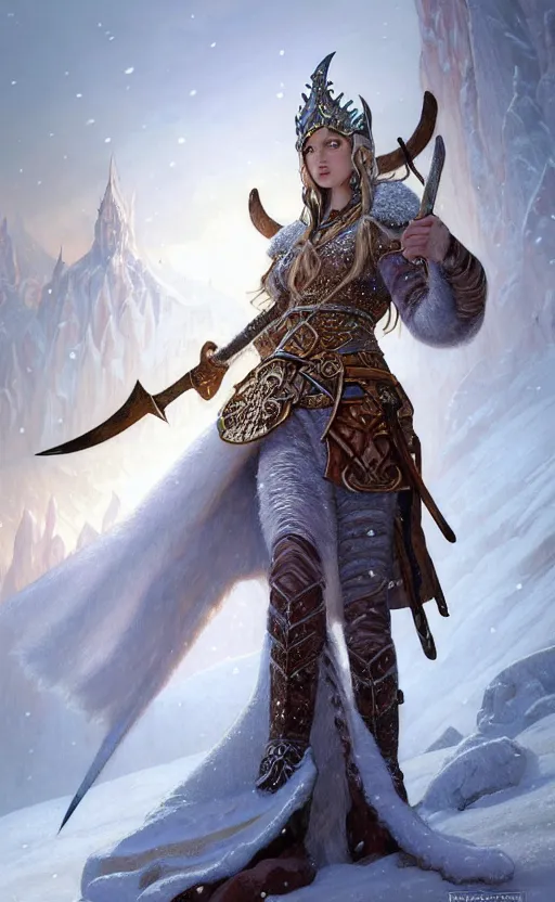 Prompt: opal viking warrior, regal, elegant, winter, snow, beautiful, stunning, hd, illustration, epic, d & d, fantasy, intricate, elegant, highly detailed, wide angle, digital painting, artstation, concept art, smooth, sharp focus, illustration, wallpaper, art by artgerm and greg rutkowski and alphonse mucha and jin xiaodi