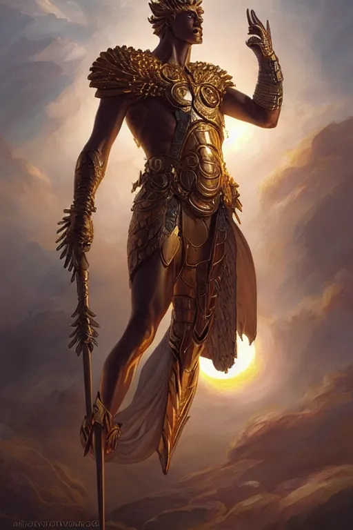 Image similar to apollo humanoid god of the sun, highly detailed, d & d, fantasy, highly detailed, digital painting, trending on artstation, concept art, sharp focus, illustration, art by artgerm and greg rutkowski and magali villeneuve