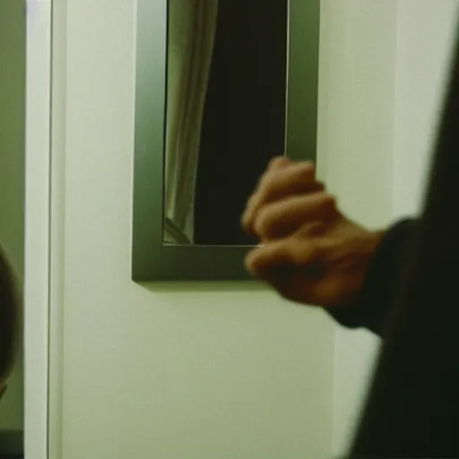 Image similar to Man holding hands with his reflection in the mirror, award winning movie still, 35 mm, cinematic, Blumhouse