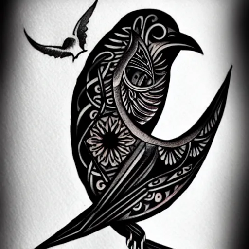 Image similar to tattoo design of black bird and crescent moon, highly detailed, intricate