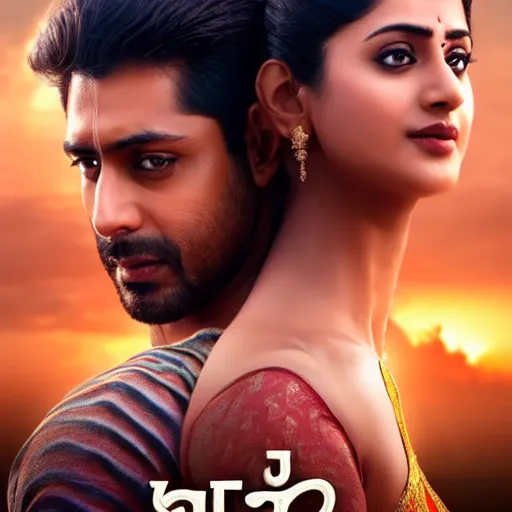 Image similar to perfectly centered bollywood movie promotional poster of anatomically correct hero and heroine intimate romantic pose, faces symmetrical ; real life portrait, ultra realistic, high coherence, intricate, hdr, highly detailed, photorealistic, octane render, 8 k, unreal engine ; art by artgerm, greg rutkowski, charlie bowater