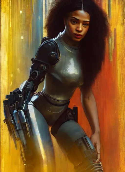 Image similar to Sophie Igwe. Buff Beautiful Cyberpunk mechanic with robotic legs. (Cyberpunk 2077, bladerunner 2049). Gorgeous face. Iranian orientalist portrait by john william waterhouse and Edwin Longsden Long and Theodore Ralli and Nasreddine Dinet, oil on canvas. Cinematic, vivid colors, hyper realism, realistic proportions, dramatic lighting, high detail 4k