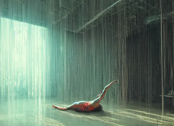 Prompt: rgb wires, a woman crawling on the ceiling, library, waterfall, cinematic, movie scene, inspired by zdzislaw beksinski, veins,, cables everywhere, bedroom, ultra realistic, concept art, intricate details, highly detailed, photorealistic, octane render, 8 k