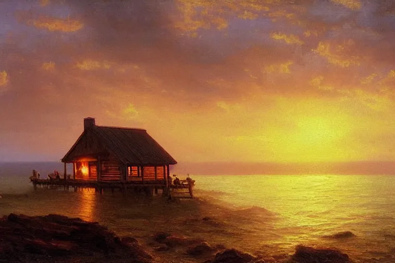 Prompt: sunset over a wooden cabin on the coast in the distance, sea, waves, oil painting, very detailed, colorful, cinematic lighting, albert bierstadt, trending on artstation