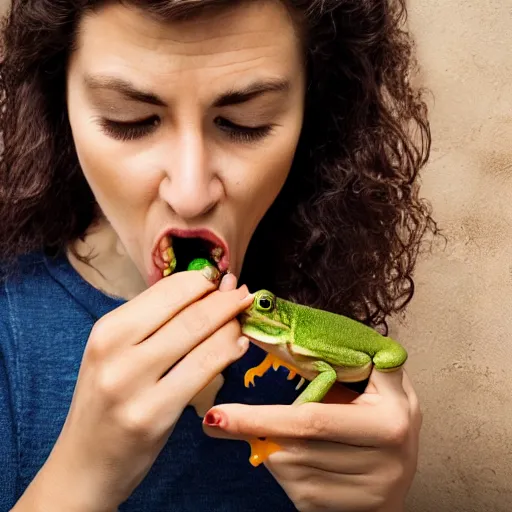 Prompt: A photo of a woman eating a frog, ultra high detail, 8k.