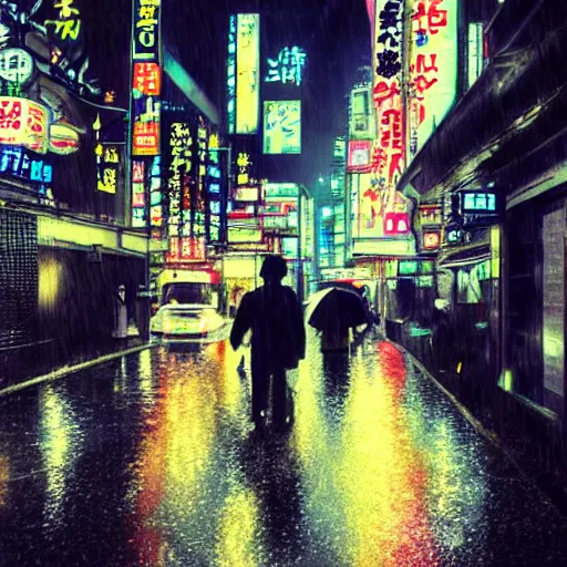 Image similar to sad night in neo - tokyo, rain