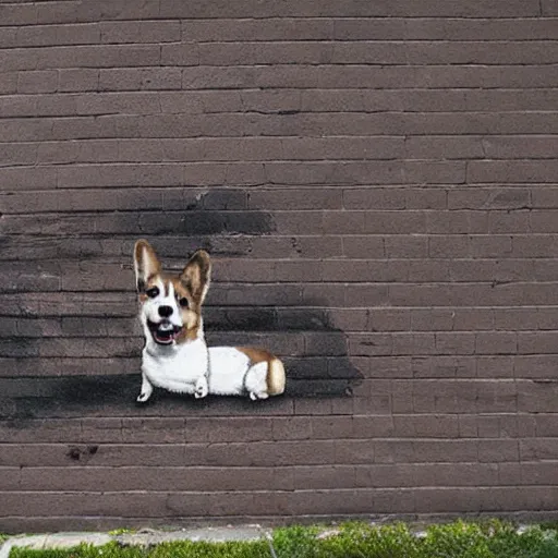 Image similar to brick wall with a mural of a corgi, street art, graffiti, urban landscape, award - winning photograph by david lynch