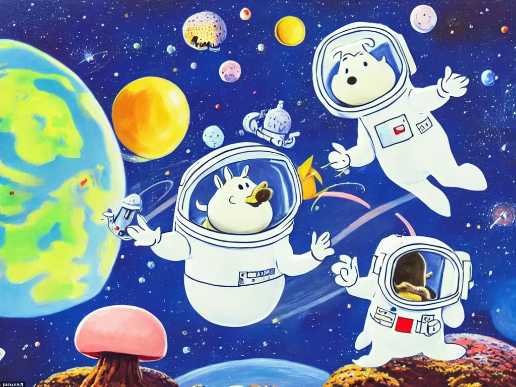 Prompt: moomins in space suits flying around with jetpacks discovering the mushroom planet, photorealistic painting, cgi, low light