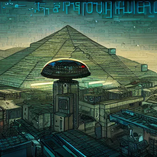 Image similar to flying saucer with a pyramid top shooting at a cyberpunk city, very detailed, realistic, many colors, art by invincible,