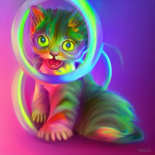 Prompt: Cute colourful art of a surprised kitten in a lab coat peeking through the interdimensional portal. Detailed profile picture. Award-winning digital art, trending on artstation