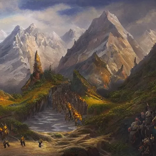 Prompt: A huge army between two mountains, huge banners can be seen, fantasy, oil painting, extra detailed