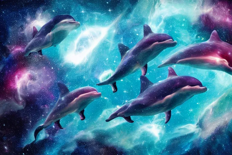 Image similar to a group of cosmic dolphins swimming and jumping out of a ocean of the cosmos, epic composition, 4 k