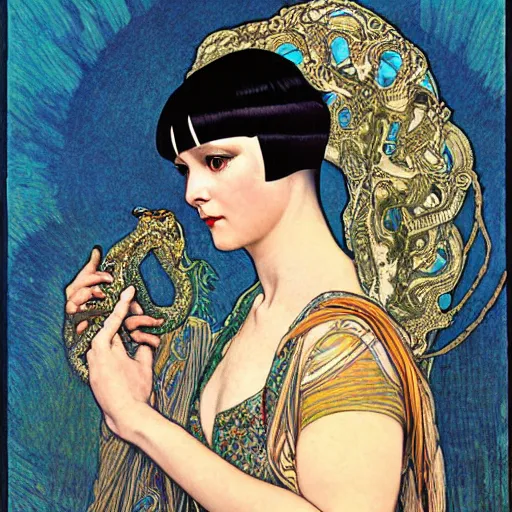 Prompt: louise brooks as cleopatra with coiled serpents beautiful detailed romantic art nouveau lithograph realistic portrait by alphonse mucha, yoshitaka amano, and gustav klimt, photorealism, hauntingly beautiful whirling clouds night sky spirals refined moody dreamscape, digital art