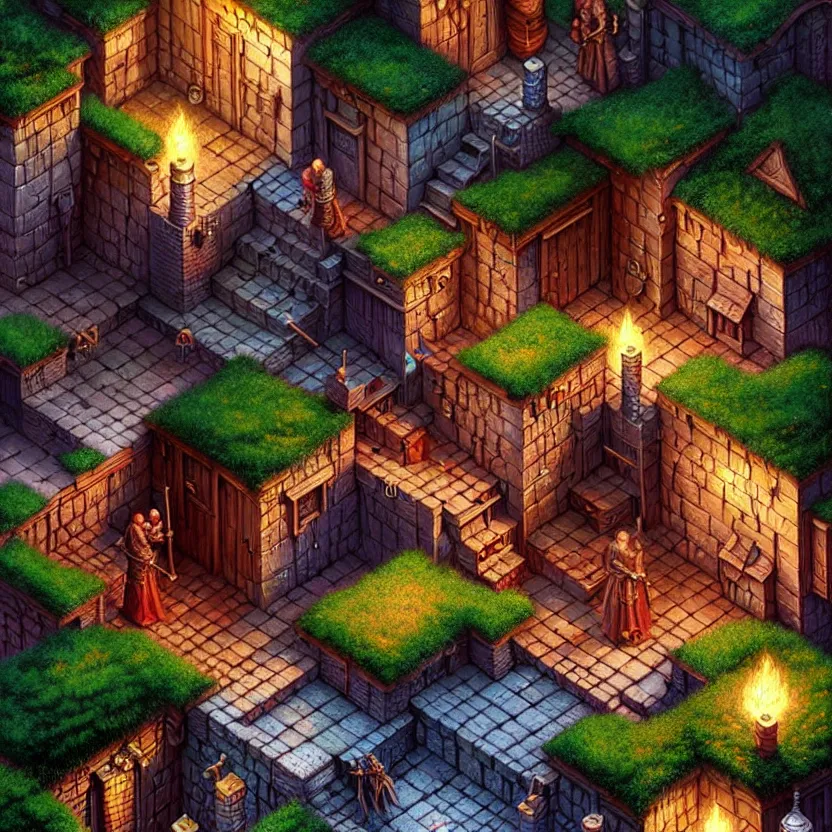 Prompt: closeup on the isometric game area of a village from baldur's gate, game art by dan mumford, by marc simonetti, by thomas kinkade, intricate details, ultra realistic, fantasypunk, amazing d & d art, trending cgsociety, artstation, sharp