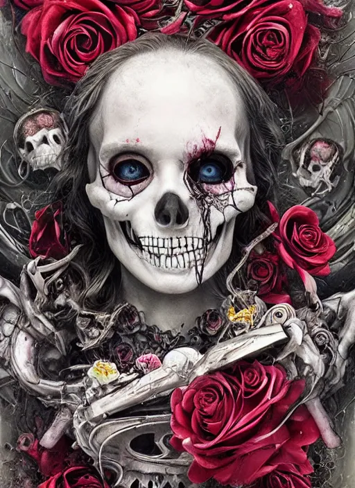 Image similar to Alice in Wonderland,roses,bullets,death tarot card,highly detailed,half skull face,cinematic,8k,by Stanley Artgermm,Tom Bagshaw,Greg Rutkowski,Carne Griffiths, Ayami Kojima, Beksinski, Giger,trending on DeviantArt,hyper detailed,horror, full of colour