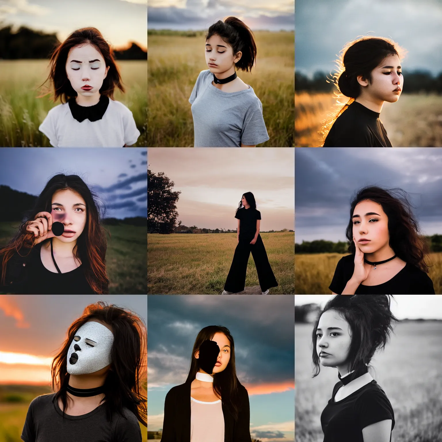 Prompt: a small cloud covers the face of the girl with short dark wavy hair, cloud covers the face, wearing a black choker and a black t - shirt, her face is hidden by clouds, sunset cloudy landscape in the background, professional photography 5 0 mm f 1