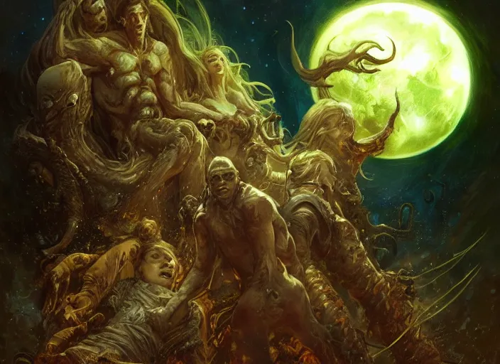 Image similar to my bed giant cthulhu children afraid in the dark moon light by gaston bussiere, anna nikonova aka newmilky, yoji shinkawa, yoshitaka amano, tsutomu niehi, donato giancola, geoffroy thoorens, trending on artstation, featured on pixiv, cinematic composition, 8 k