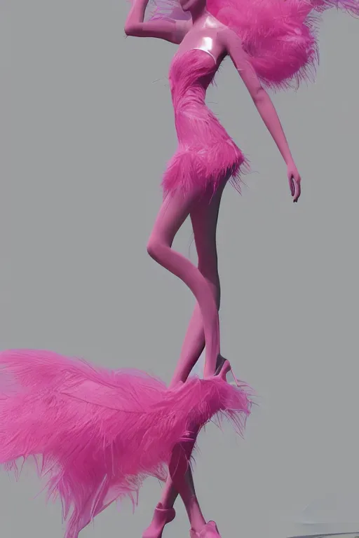 Prompt: a woman in a pink dress and pink shoes, a haute couture marble sculpture by alexander mcqueen, cg society contest winner, vorticism, daz 3 d, made of feathers, feminine