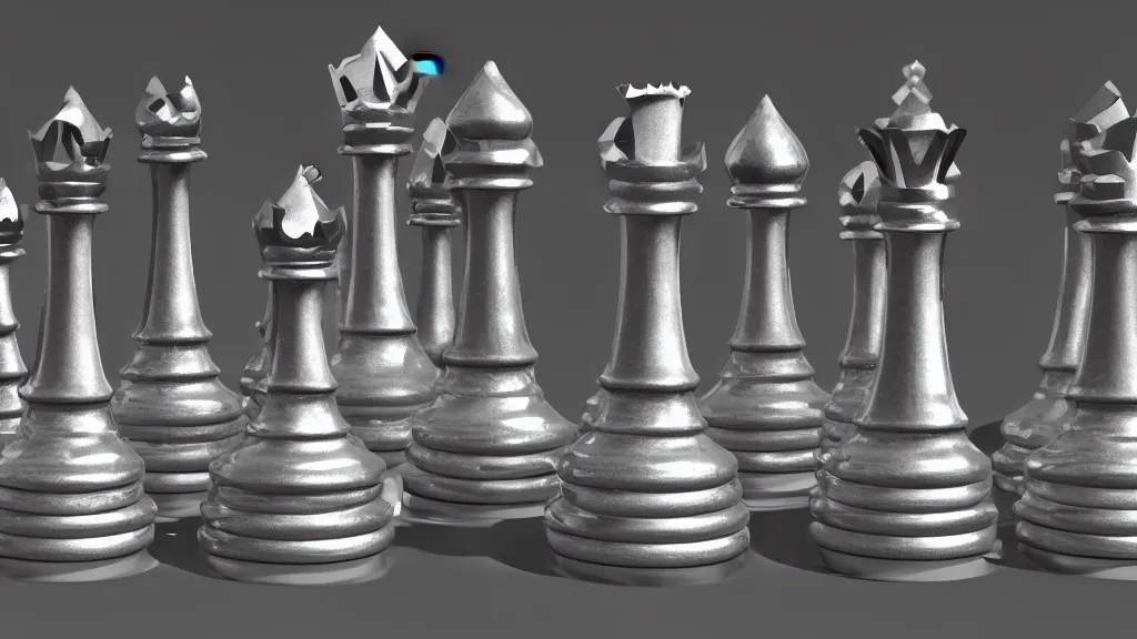 Prompt: 3d rendering, studio shot of full body portrait of metal chess pieces in a row, hyper realistic detailed, rim light